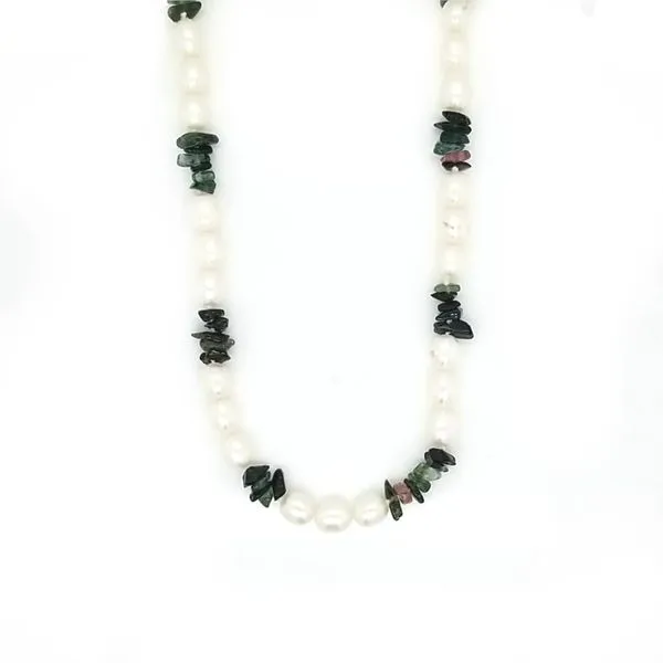 Gold Clasped Biwa Pearls and GreenTumbled Tourmaline Necklace Jaymark Jewelers Cold Spring, NY