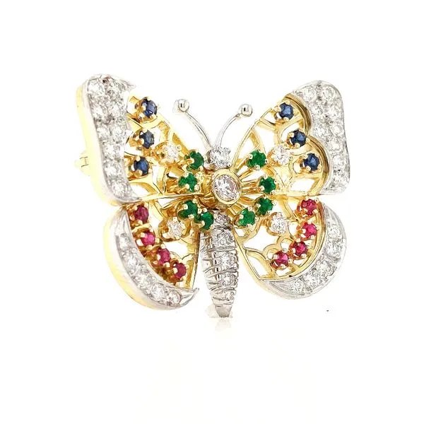 18K Yellow Gold and Platinum Multi-Gem Butterfly Pin Image 2 Jaymark Jewelers Cold Spring, NY