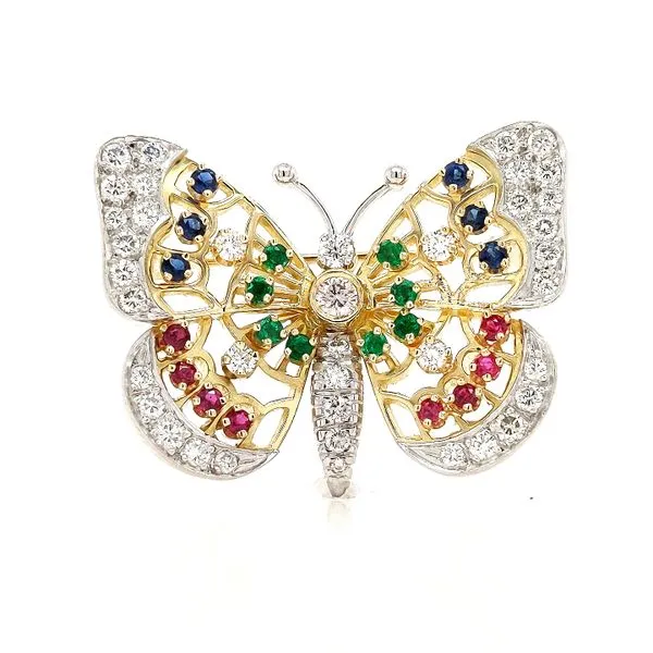 18K Yellow Gold and Platinum Multi-Gem Butterfly Pin Jaymark Jewelers Cold Spring, NY