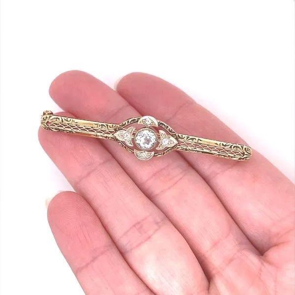 14K Two-Tone Filigree Aquamarine and Diamond Bar Pin Image 2 Jaymark Jewelers Cold Spring, NY