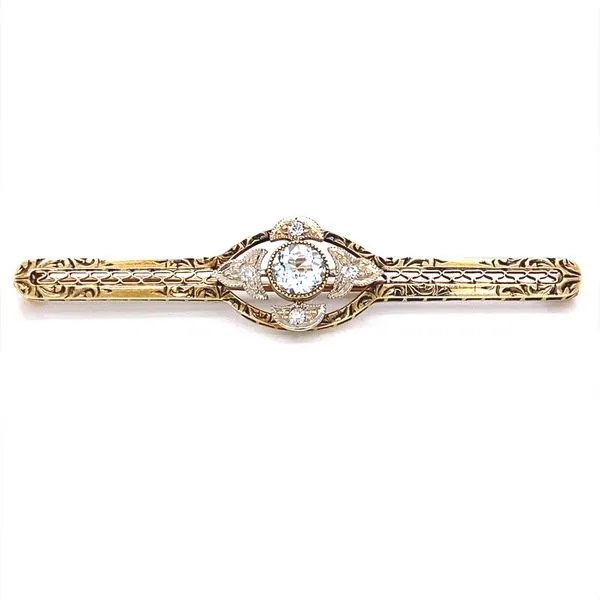 14K Two-Tone Filigree Aquamarine and Diamond Bar Pin Jaymark Jewelers Cold Spring, NY