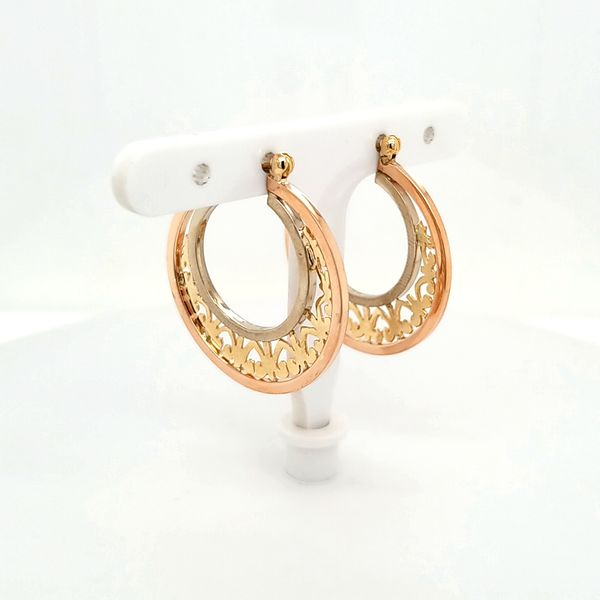 Gold Tri-Color Open-Work Heart Hoop Earrings Image 2 Jaymark Jewelers Cold Spring, NY