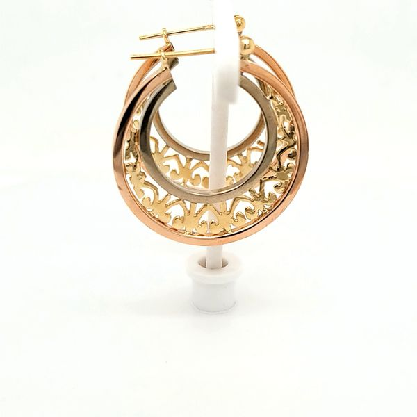 Gold Tri-Color Open-Work Heart Hoop Earrings Jaymark Jewelers Cold Spring, NY
