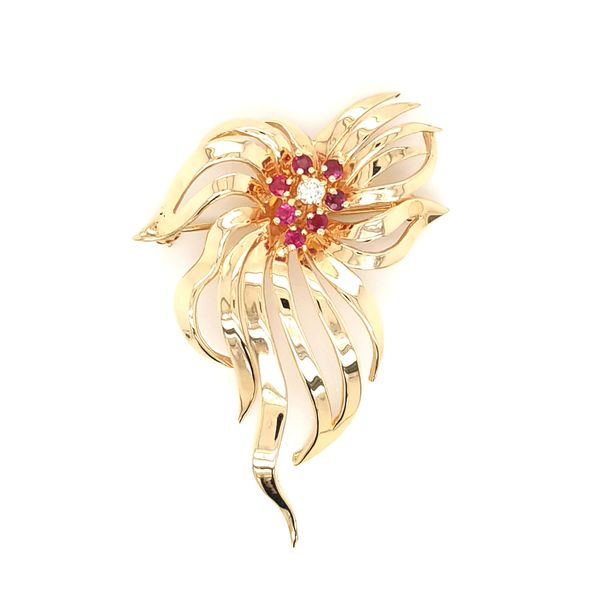 14K Yellow Gold Floral Ribbon Diamond and Ruby Pin Jaymark Jewelers Cold Spring, NY