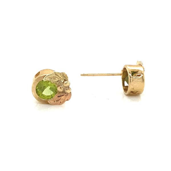 14K Yellow and Rose Gold Bezel Set Peridot Leaf Earrings Image 3 Jaymark Jewelers Cold Spring, NY