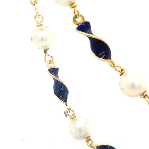 18K Yellow Gold Pearl Blue Enamel Twist Link Bracelet Jaymark Jewelers Cold Spring, NY