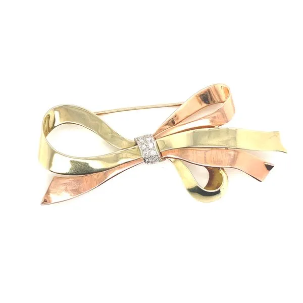 14K Tri-color Gold and Diamond Bow Pin Jaymark Jewelers Cold Spring, NY