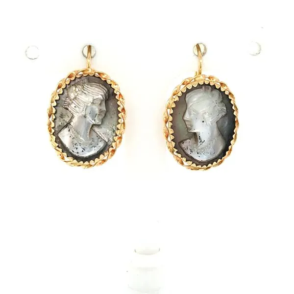 14K Yellow Gold Antique Style Framed Silver Cameo Earrings Jaymark Jewelers Cold Spring, NY