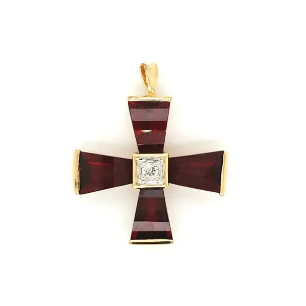 14K Yellow Gold Garnet and Diamond Cross Pendant Jaymark Jewelers Cold Spring, NY