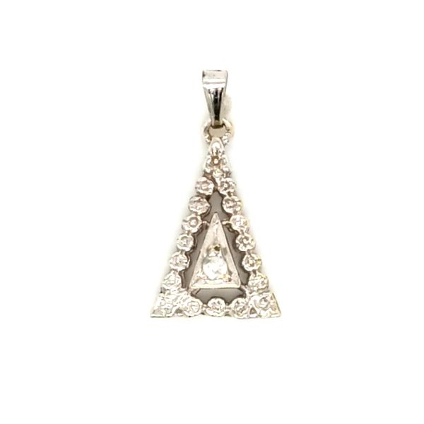 14k white gold vintage style triangle pendant with diamond accent Jaymark Jewelers Cold Spring, NY