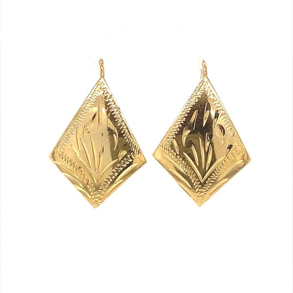 14K Yellow Gold Kite Shape Engraved Shield Earrings Jaymark Jewelers Cold Spring, NY