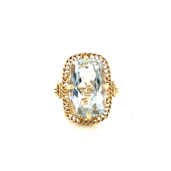 14k yellow gold elongated rectangular aquamarine ring Jaymark Jewelers Cold Spring, NY