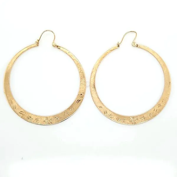 14K Yellow Gold Large Solid Engraved Hoop Earrings Jaymark Jewelers Cold Spring, NY