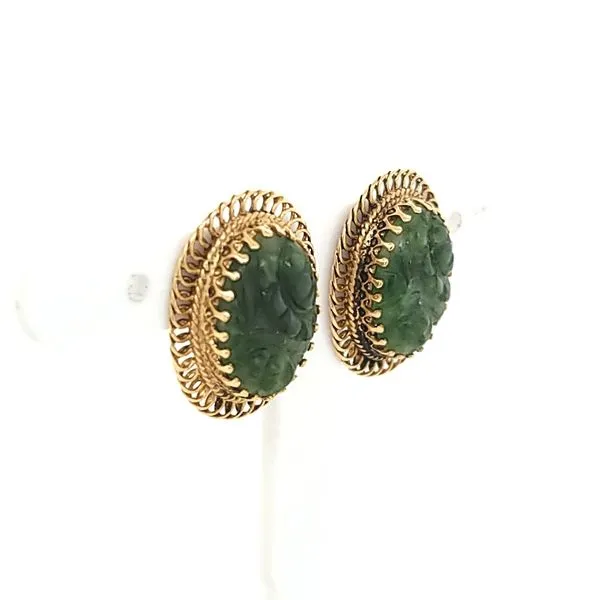 14K Yellow Gold Carved Jade Earrings Image 2 Jaymark Jewelers Cold Spring, NY
