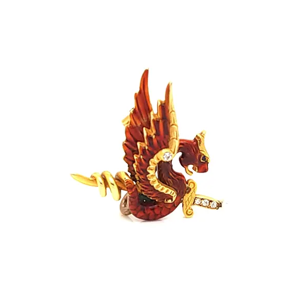 14K Yellow Gold Red Enameled Dragon Pin/Pendant Jaymark Jewelers Cold Spring, NY