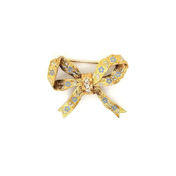 14K Yellow Gold Enameled Bow Pin with Diamond Accents Jaymark Jewelers Cold Spring, NY