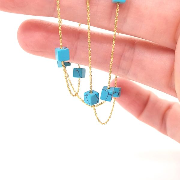 14K Yellow Gold Square Turquoise Bead Station Necklace Image 3 Jaymark Jewelers Cold Spring, NY