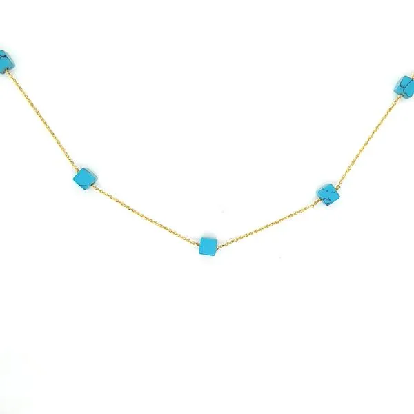 14K Yellow Gold Square Turquoise Bead Station Necklace Jaymark Jewelers Cold Spring, NY