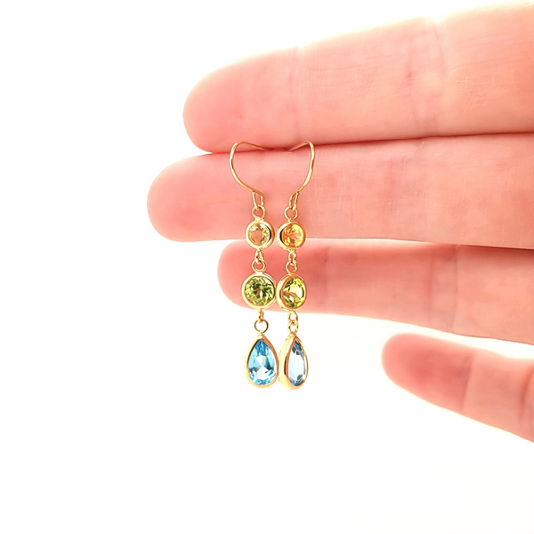 14K Yellow Gold Blue Topaz, Peridot and Citrine Dangle Earrings Image 2 Jaymark Jewelers Cold Spring, NY