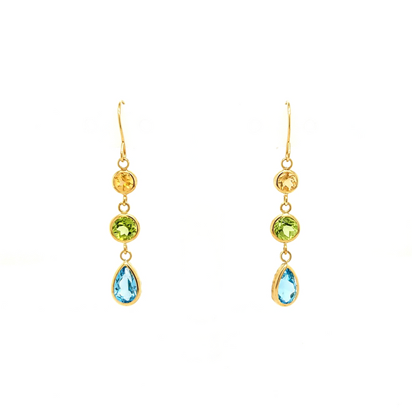 14K Yellow Gold Blue Topaz, Peridot and Citrine Dangle Earrings Jaymark Jewelers Cold Spring, NY
