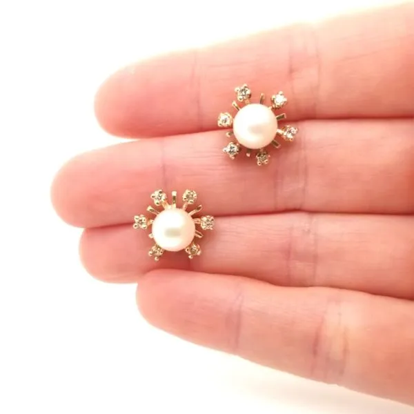 14K Yellow Gold Pearl and Diamond Earrings Image 2 Jaymark Jewelers Cold Spring, NY