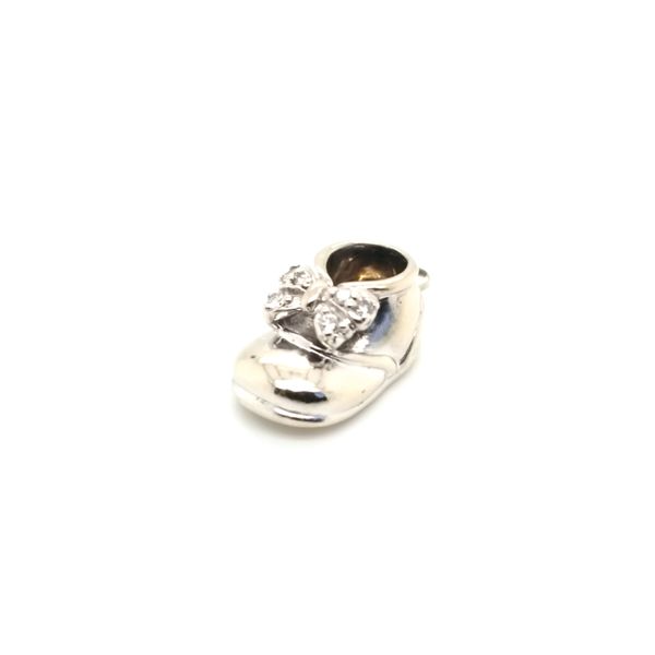 18K White Gold Baby Shoe Charm with Diamond Bow Jaymark Jewelers Cold Spring, NY