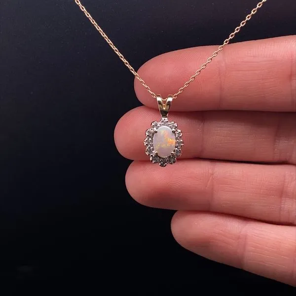 14K Yellow Gold Opal and Diamond Halo Pendant Image 2 Jaymark Jewelers Cold Spring, NY