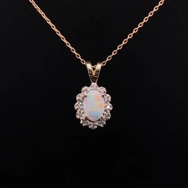 14K Yellow Gold Opal and Diamond Halo Pendant Jaymark Jewelers Cold Spring, NY