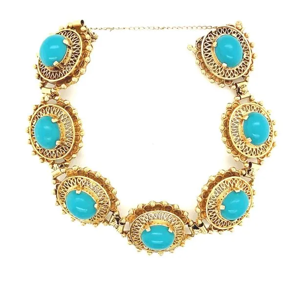 14K Yellow Gold Filigree Link and Turquoise Bracelet Jaymark Jewelers Cold Spring, NY