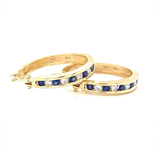 14K Yellow Gold Sapphire and Diamond Hoop Earrings Jaymark Jewelers Cold Spring, NY