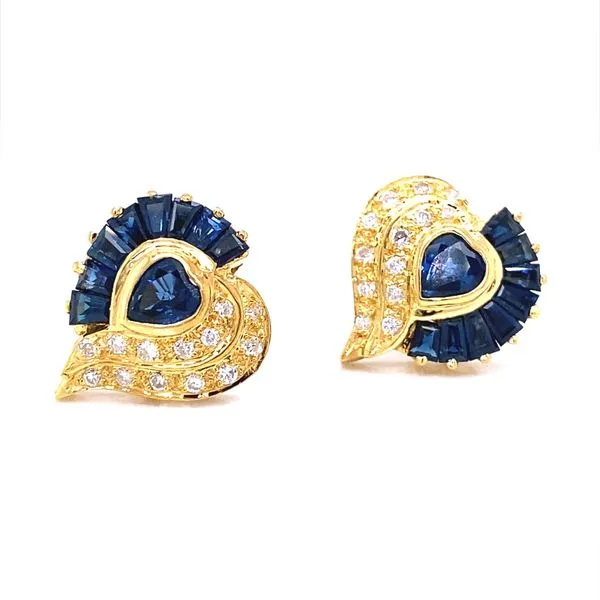18K Yellow Gold Heart Shaped Sapphire and Diamond Earrings Jaymark Jewelers Cold Spring, NY