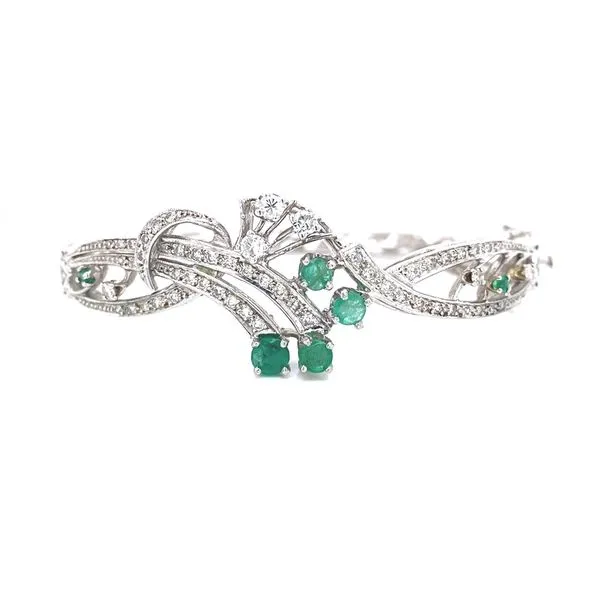14K White Gold Diamond and Emerald Openwork Bangle Bracelet Jaymark Jewelers Cold Spring, NY