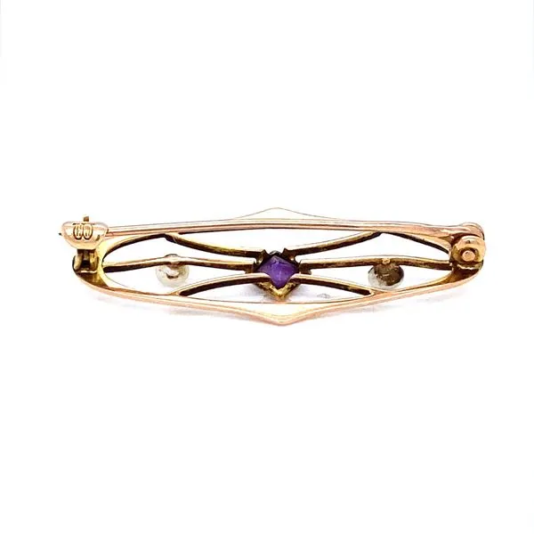14K Yellow Gold Vintage Open Work Amethyst and Pearl Pin Image 3 Jaymark Jewelers Cold Spring, NY