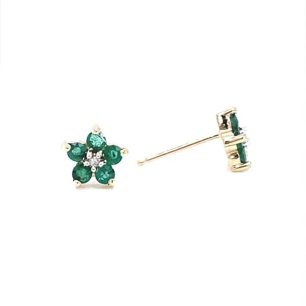 14K Yellow Gold Emerald and Diamond Flower Stud Earrings Image 3 Jaymark Jewelers Cold Spring, NY