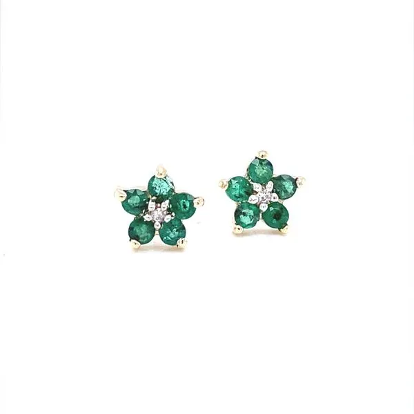 14K Yellow Gold Emerald and Diamond Flower Stud Earrings Jaymark Jewelers Cold Spring, NY