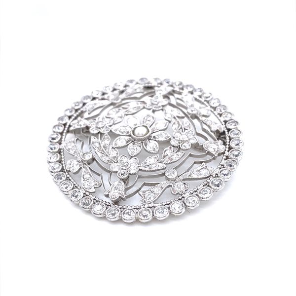 Platinum Vintage Open Work Filigree Diamond and Pearl Pin/Pendant Image 3 Jaymark Jewelers Cold Spring, NY