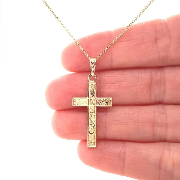 14K Yellow Gold Engraved Solid Cross Pendant Image 2 Jaymark Jewelers Cold Spring, NY