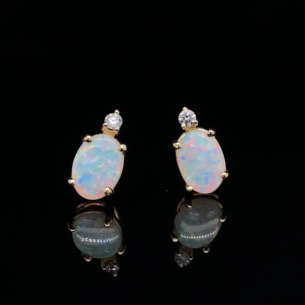 14K Yellow Oval  Opal and Diamond Stud Earrings Jaymark Jewelers Cold Spring, NY