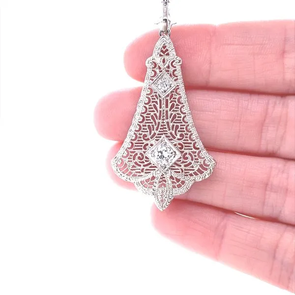 14K White Gold Large Filigree Diamond Pendant Image 2 Jaymark Jewelers Cold Spring, NY