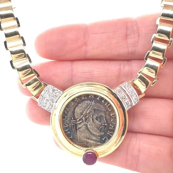 14K Yellow Replica Coin Ruby and Diamond Necklace Image 2 Jaymark Jewelers Cold Spring, NY
