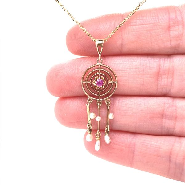 10K Yellow Gold Pink Sapphire and Pearl Dreamcatcher Pendant Image 2 Jaymark Jewelers Cold Spring, NY