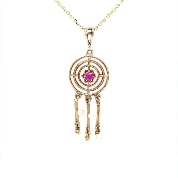 10K Yellow Gold Pink Sapphire and Pearl Dreamcatcher Pendant Jaymark Jewelers Cold Spring, NY