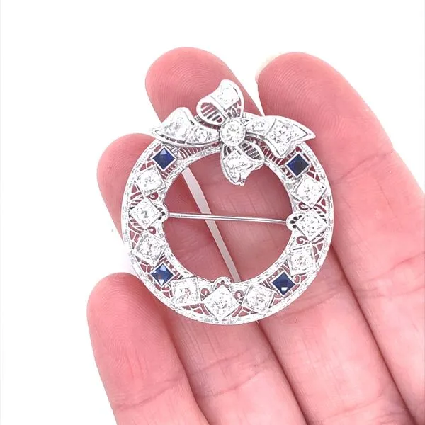 14K White Gold Filigree Diamond and Sapphire Wreath Pin Image 2 Jaymark Jewelers Cold Spring, NY