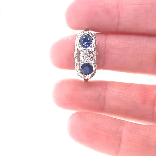 18K White Gold Antique Euro-Cut Diamond and Sapphire Ring Image 3 Jaymark Jewelers Cold Spring, NY