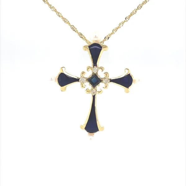 14K Yellow Gold Diamond, Sapphire, Pearl Enamelled Cross by the House of Igor Carl Faberge Jaymark Jewelers Cold Spring, NY