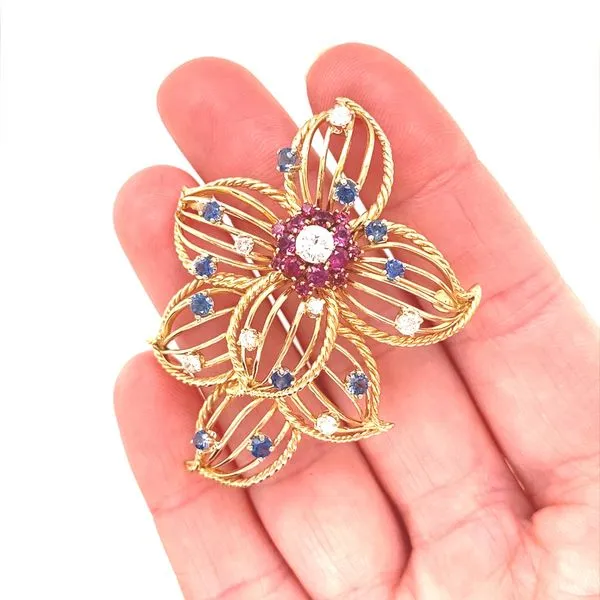 14K Yellow Gold Diamond, Ruby and Sapphire Flower Pin Image 2 Jaymark Jewelers Cold Spring, NY