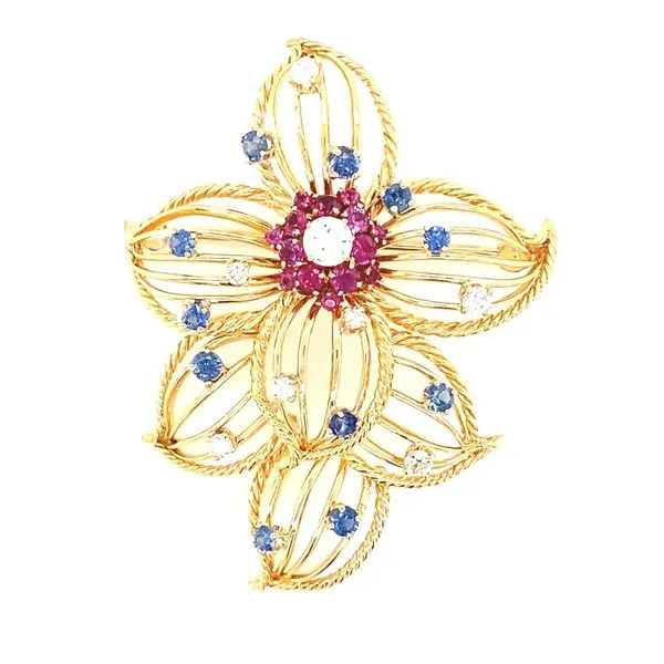 14K Yellow Gold Diamond, Ruby and Sapphire Flower Pin Jaymark Jewelers Cold Spring, NY