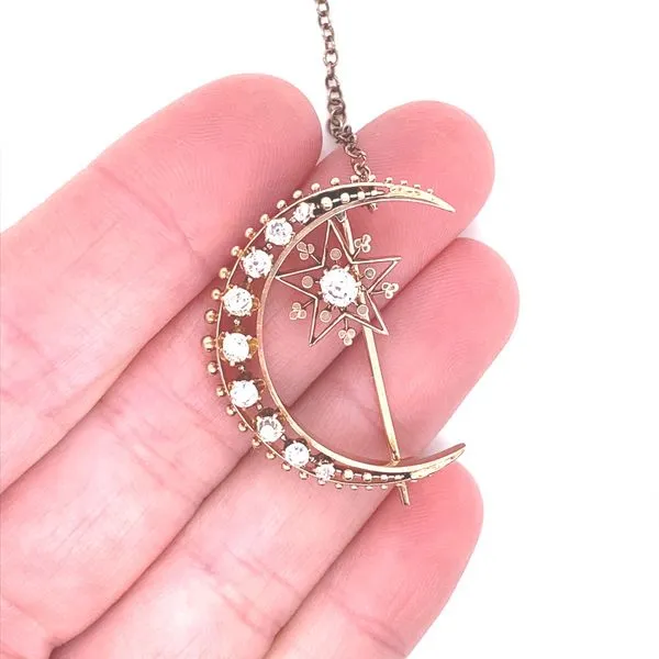14K Rose Gold Antique Diamond Moon and Star Pin Image 2 Jaymark Jewelers Cold Spring, NY