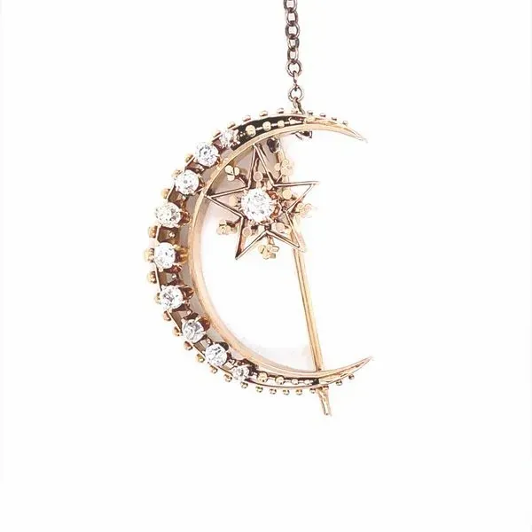 14K Rose Gold Antique Diamond Moon and Star Pin Jaymark Jewelers Cold Spring, NY