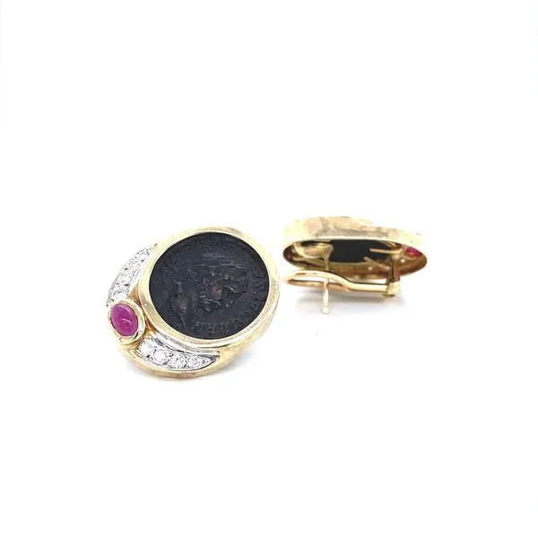 14K Yellow Replica Coin Ruby and Diamond Earrings Image 2 Jaymark Jewelers Cold Spring, NY
